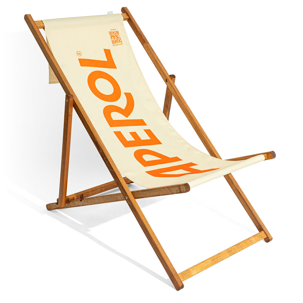 Chaise longue Aperol Spritz Chaise de plage Chaise de terrasse Blanc Structure en bois Inscription Liqueur