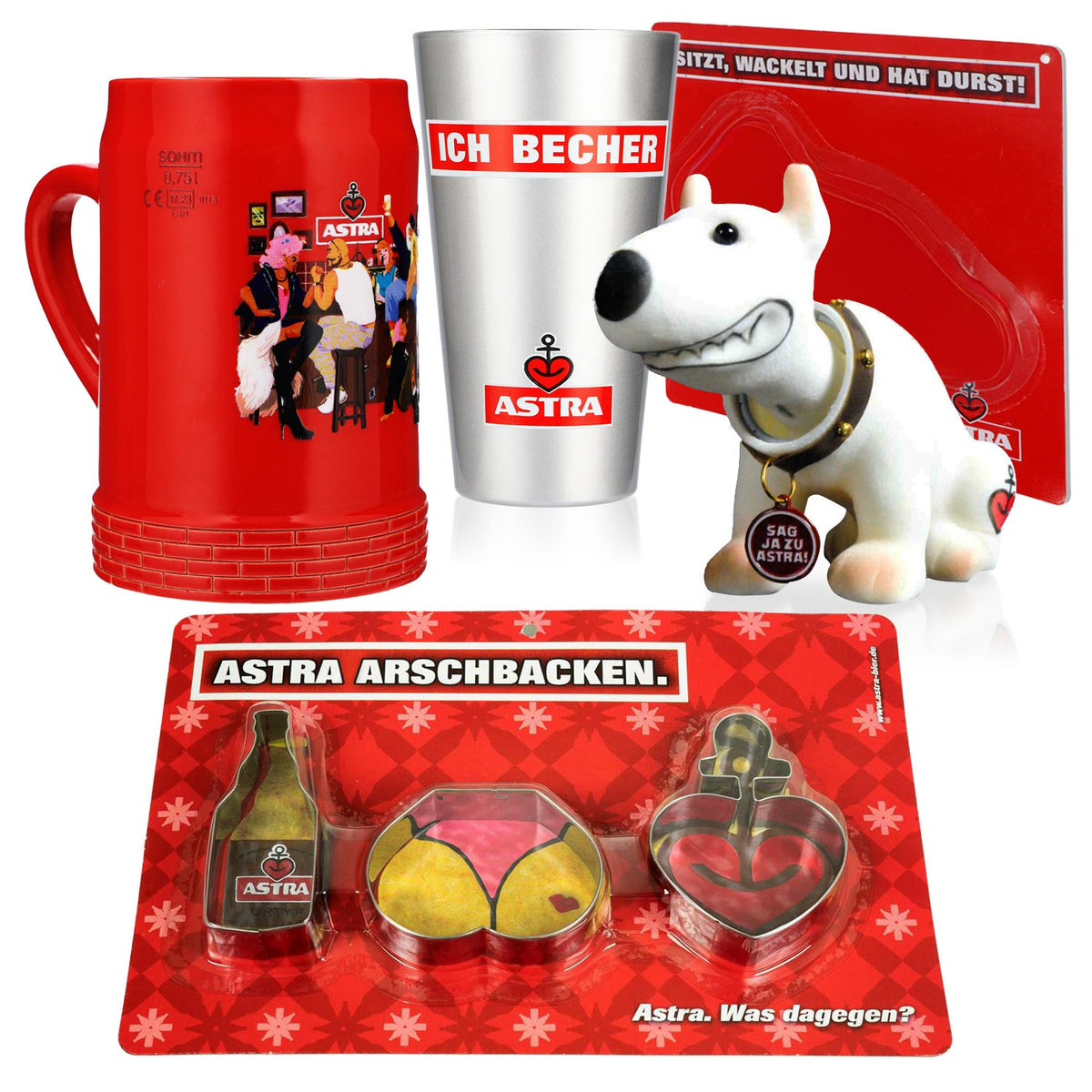 Lot Astra Bier Fan comprenant 2 verres, un set d'emporte-pièces et un chien en peluche