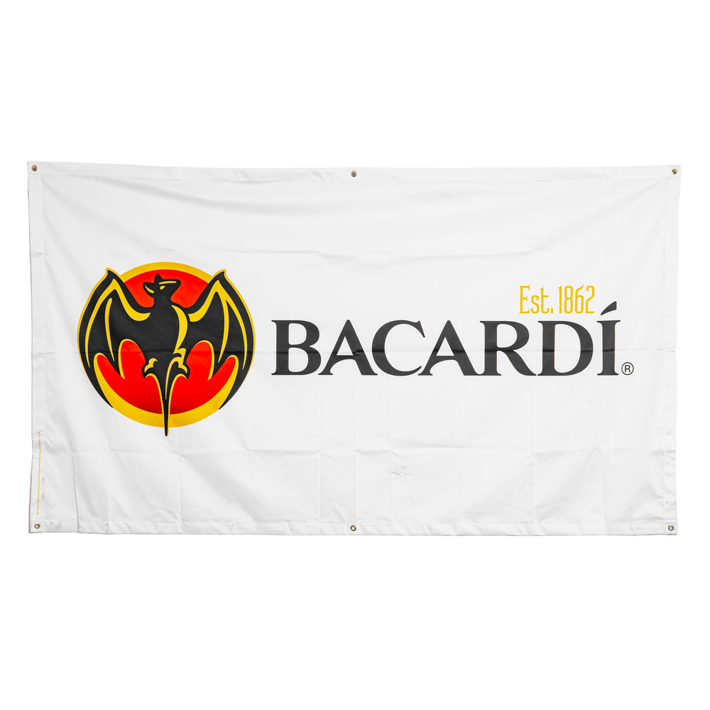 Bannière Bacardi Rum en verre, 220 x 125 cm, blanche, logo à gauche, drapeau en polyester