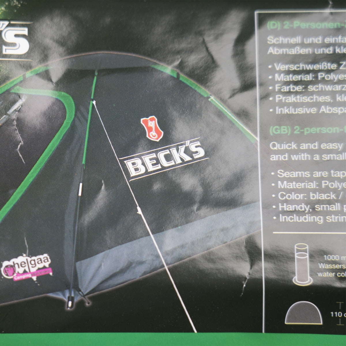 Tente de camping Becks Bier Festival Party Outdoor 2 personnes Cordes de fixation Piquets