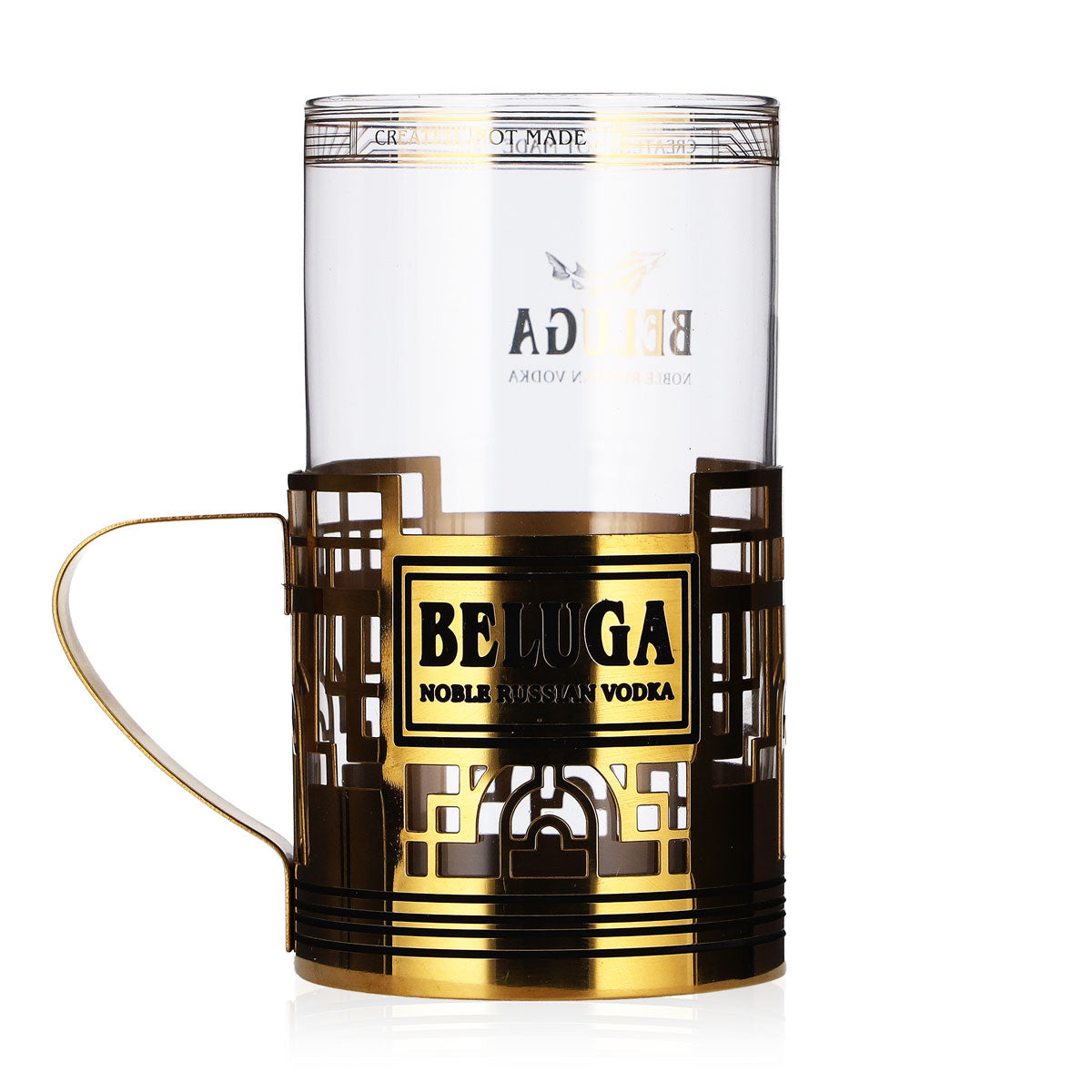 Verre à vodka Beluga de 0,28 l, verre highball dans un porte-verre doré avec anse – Vue 3