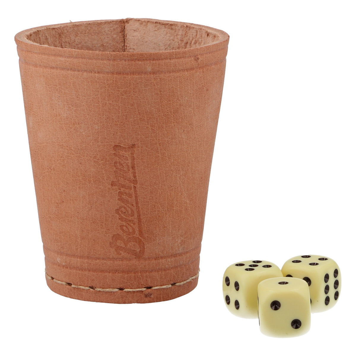 Gobelet à dés Berentzen en cuir avec 3 dés, marron, logo – Original