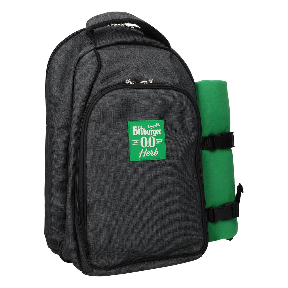 Kit de pique-nique Bitburger avec sac à dos, compartiment isotherme, couverture, assiettes et couverts - gris