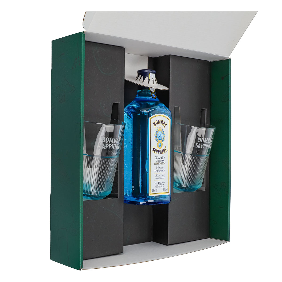 Bombay Sapphire Gin Geschenksets Grün–Longdrinkglas Relief – Ansicht 4