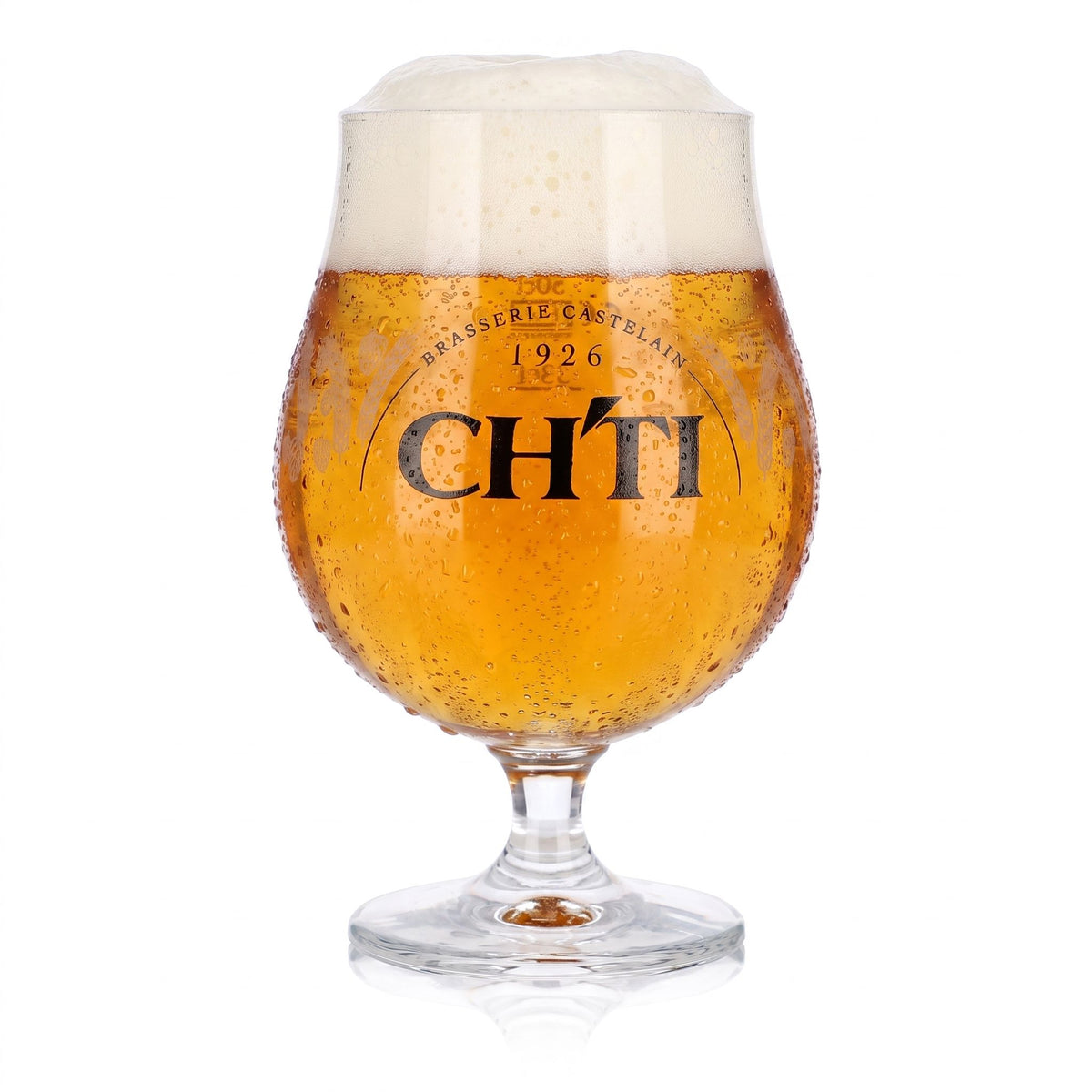 Verre à bière CHTI 0,65 l, forme tulipe, Brasserie Castelain 1926, motif « céréales »