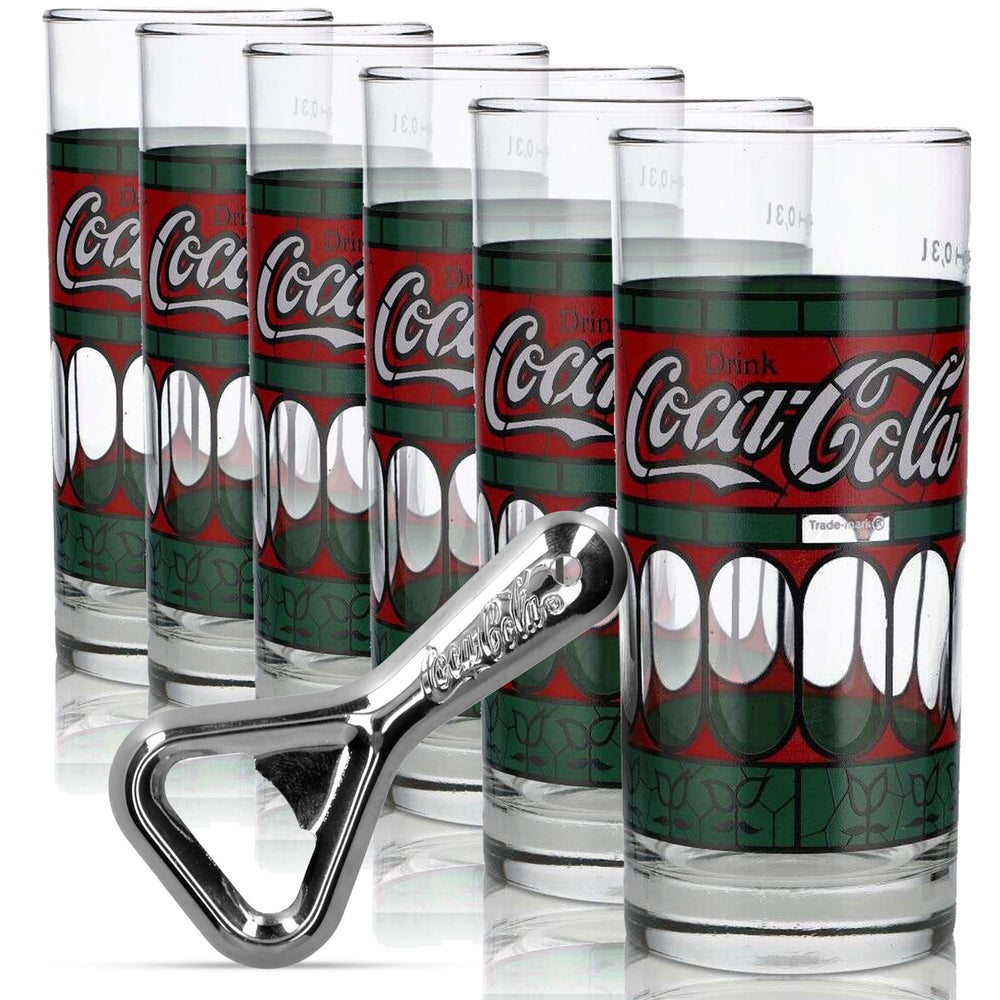 Coca Cola Bar Bundle Set I composé de 6 verres Tiffany et d'un décapsuleur rétro