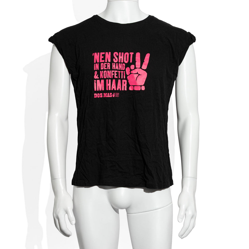 T-shirt Dos Mas Likör noir avec inscription rose, taille S/M, t-shirt pour fille « Un shot à la main et des confettis dans les cheveux »