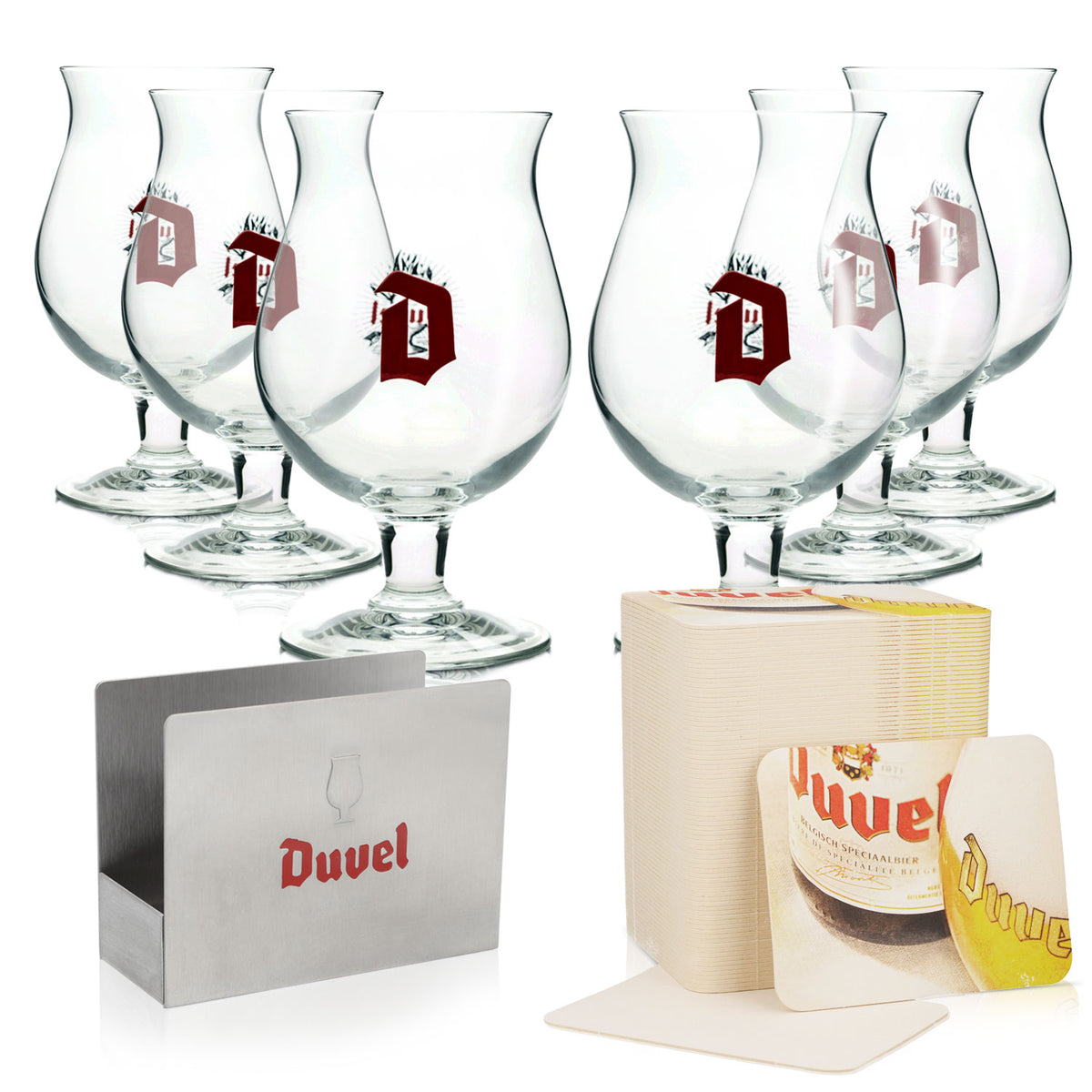 Duvel Beer Bar Bundle Set I composé de 6 verres à bière 0,33 l et 80 sous-verres avec support