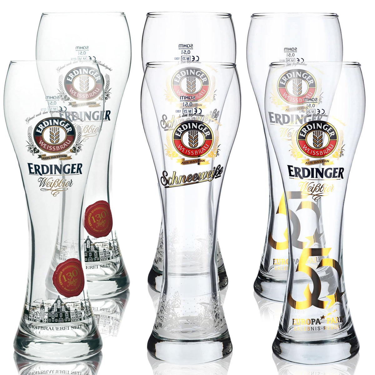 Lot III de verres à bière Erdinger comprenant 6 verres à bière de 0,5 l de différentes variantes