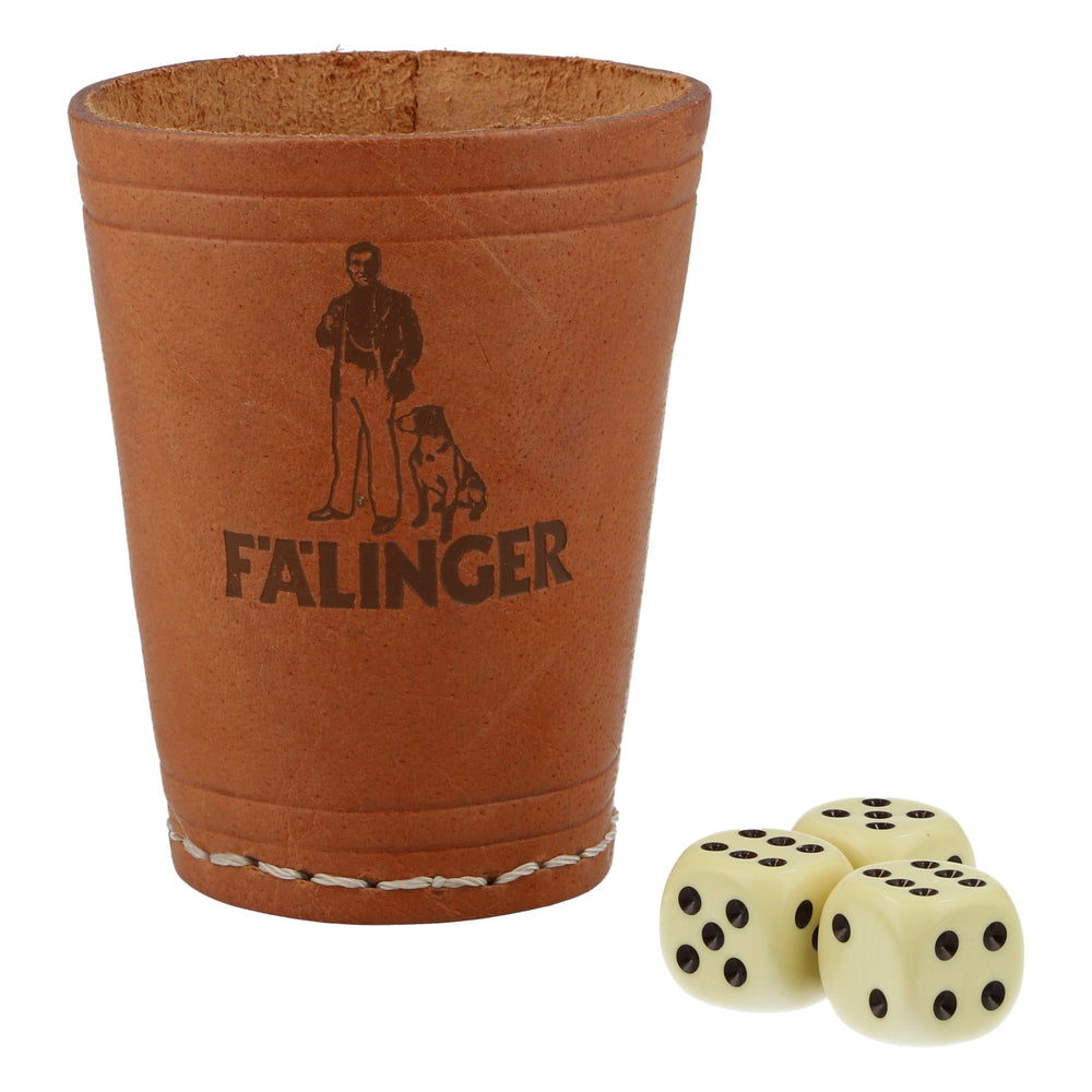 Fälinger Korn : gobelet à dés en cuir, 3 dés, marron, logo, 6,5 cm, jeu de dés