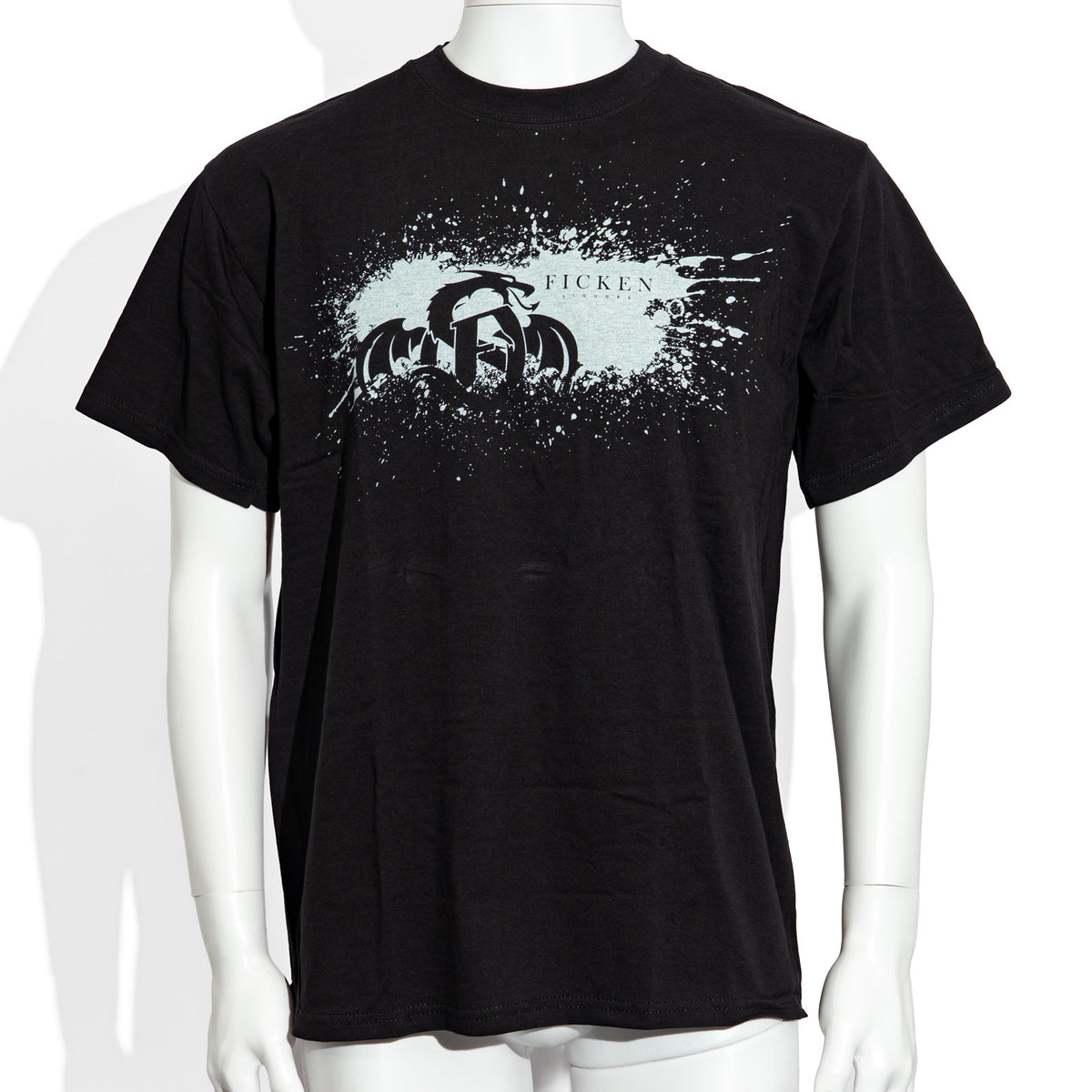 T-shirt en coton « Ficken » à motif de dragon noir et impression argentée, taille L