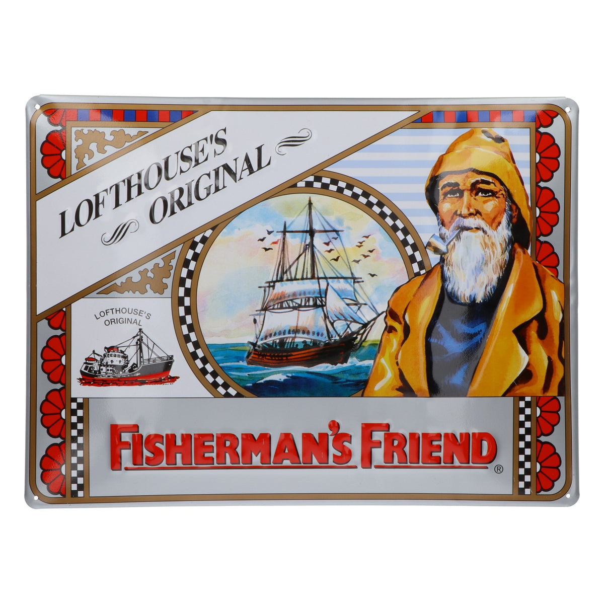 Plaque en métal « Fisherman’s Friend » (chewing-gum) – Lofthouse’s Original – 39,5 x 29 cm