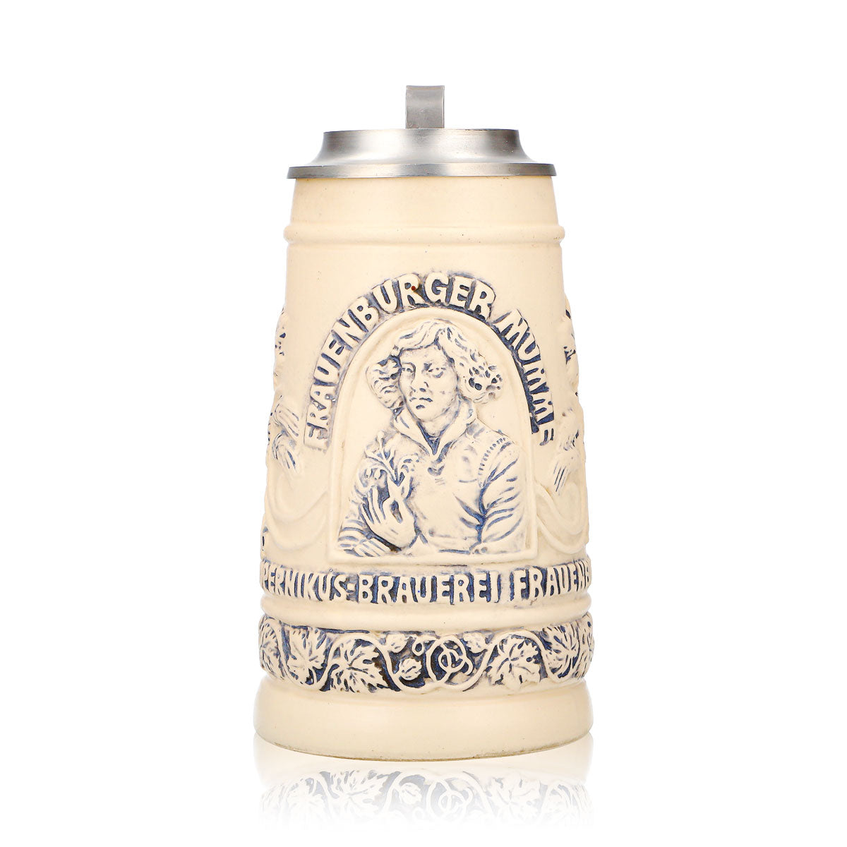 Verre à bière « Mumme » de Frauenburg, chope en terre cuite de 0,74 l avec couvercle en étain, décor en relief représentant Copernic