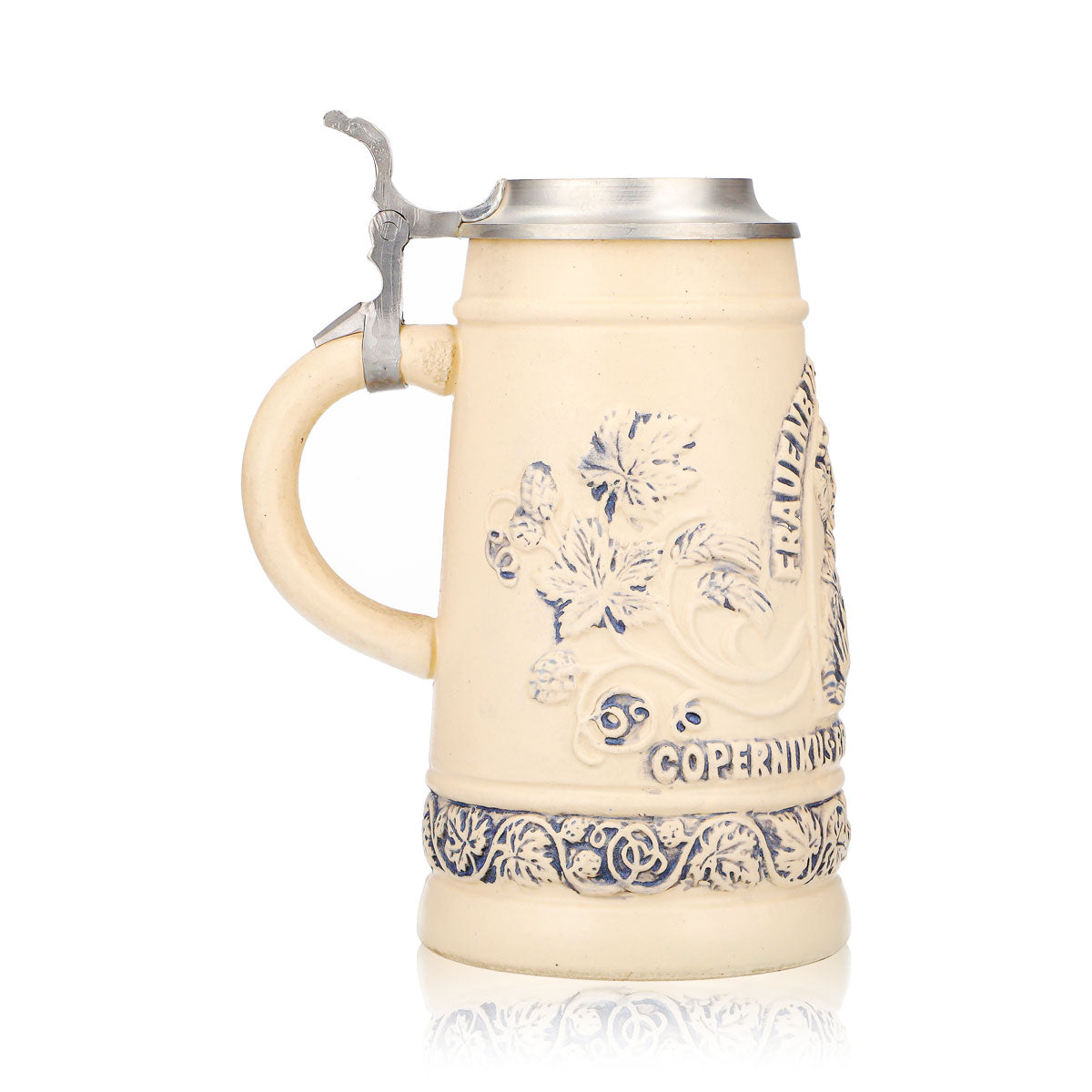 Verre à bière « Mumme » de Frauenburg, chope en terre cuite de 0,74 l avec couvercle en étain, décor en relief représentant Copernic – Vue 3
