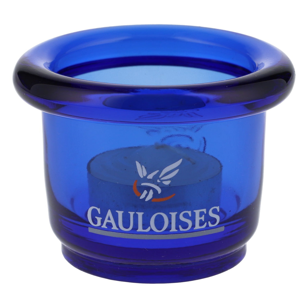 Photophore en verre Gauloises Cigarettes, rond, bleu, petit modèle