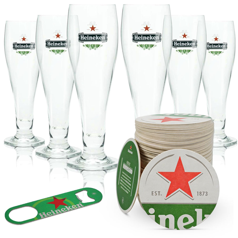 Heineken Beer Bar Bundle Set I comprenant 6 verres à bière 0,2 l, 100 sous-verres et un décapsuleur