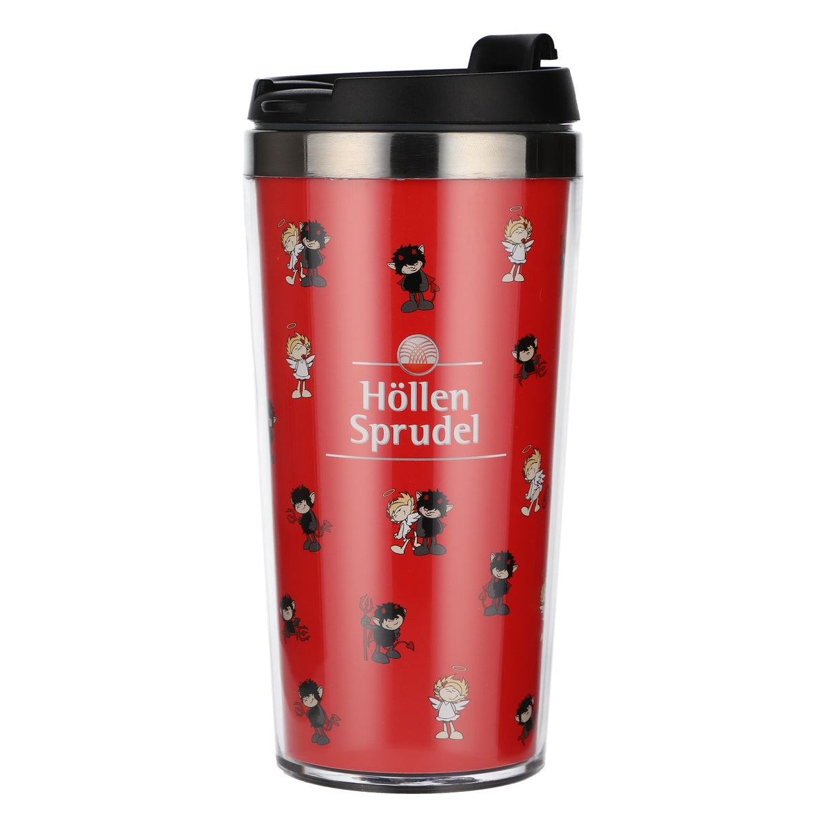 Gobelet isotherme « Höllensprudel » avec couvercle, 0,5 l, réutilisable, motif rouge