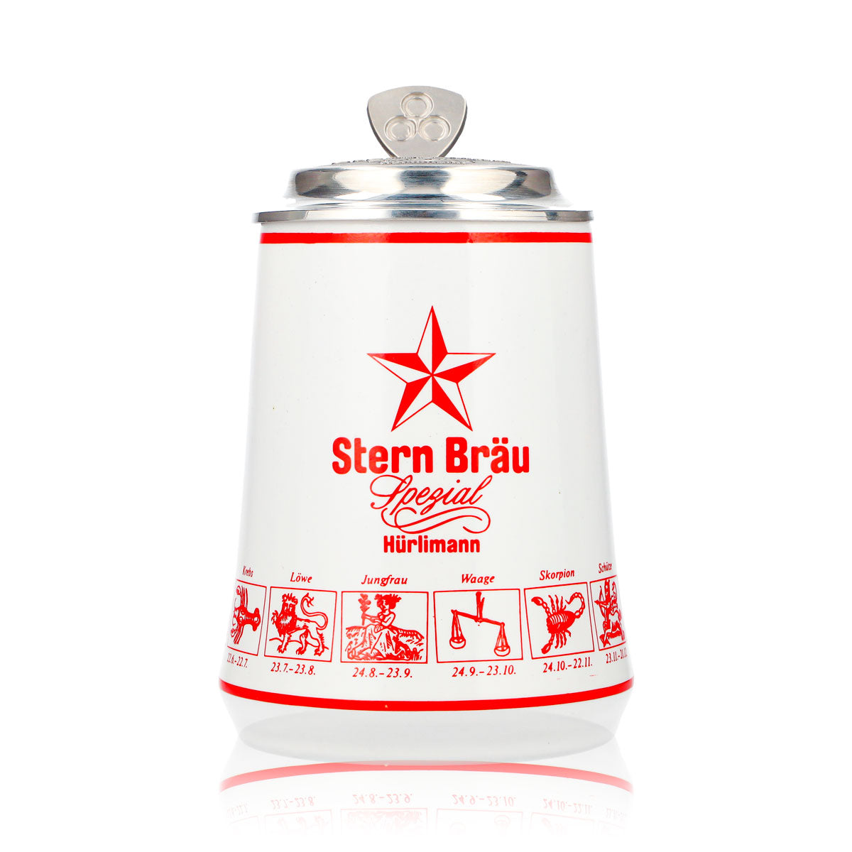 Verre à bière Hürlimann Sternbräu, chope en terre cuite de 0,62 l avec couvercle en étain orné d'un relief représentant un signe du zodiaque