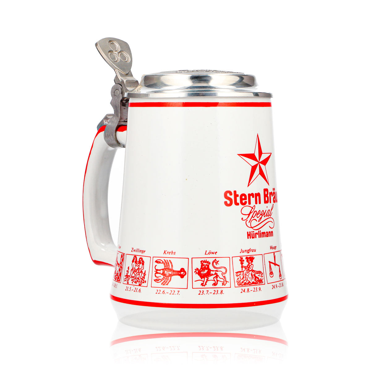 Verre à bière Hürlimann Sternbräu, chope en terre cuite de 0,62 l avec couvercle en étain orné d'un relief représentant un signe du zodiaque – Vue 2
