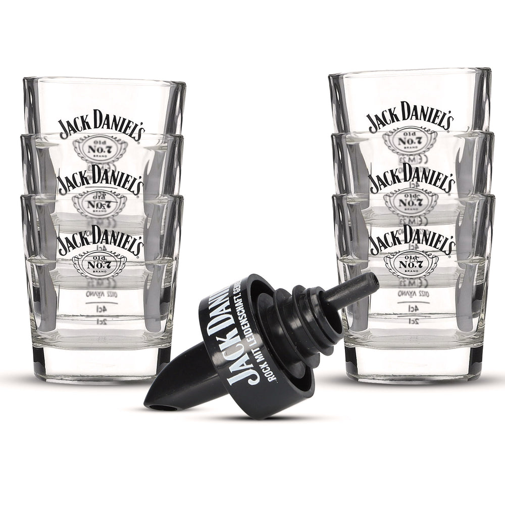 Jack Daniels Bar Bundle Set I composé de 6 verres à whisky et d'un bec verseur
