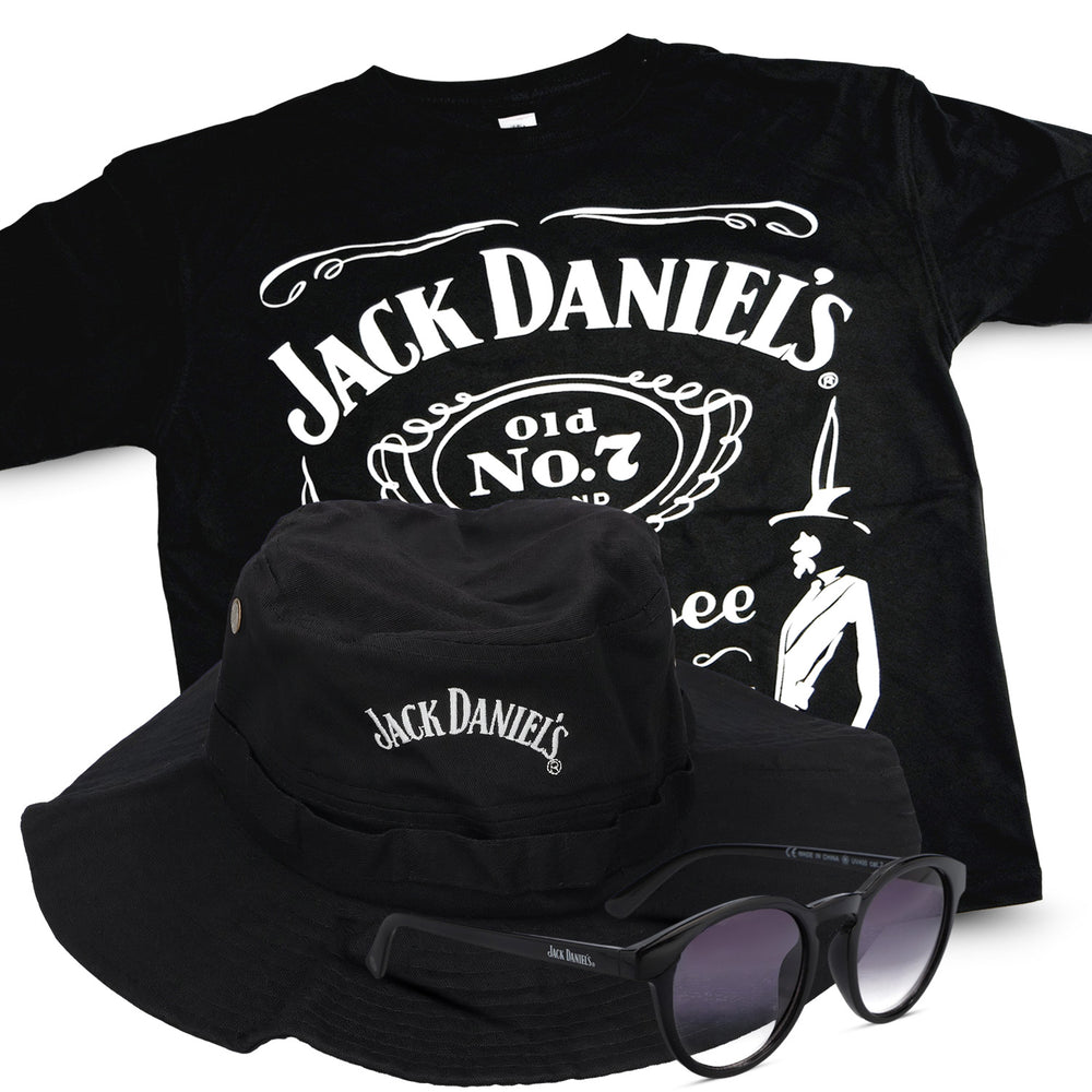 Coffret Jack Daniels Fan Set I comprenant 1 t-shirt Fan, 1 paire de lunettes de soleil et 1 chapeau mou