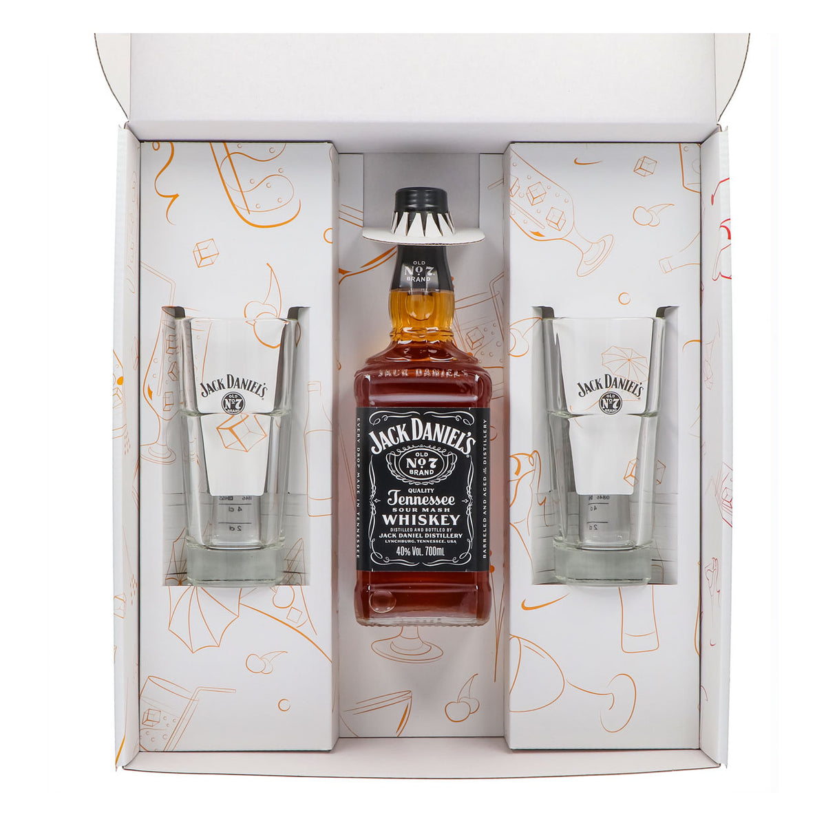 Jack Daniels Geschenkset 0,7l Flasche 40,0 % Vol. + Longdrinkgläser stapelbar–Weiß – Ansicht 3