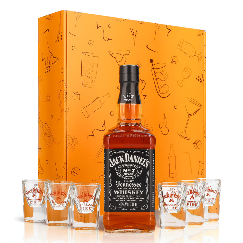 Jack Daniels Geschenkset 0,7l Flasche 40,0 % Vol. + Shotgläser Fire–Orange