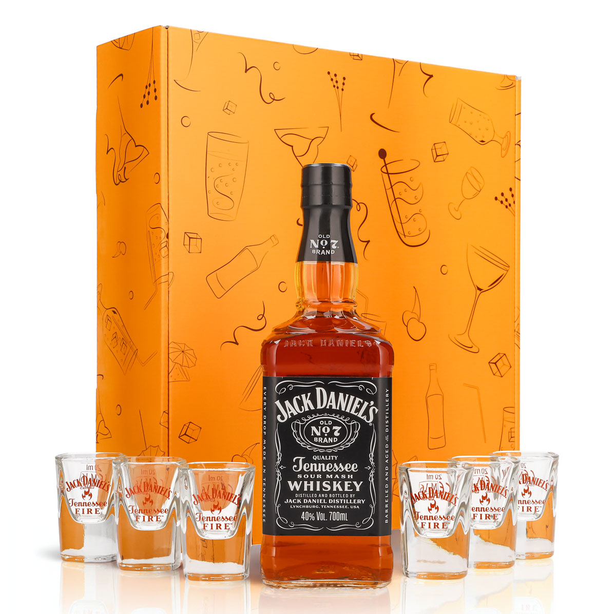Jack Daniels Geschenkset 0,7l Flasche 40,0 % Vol. + Shotgläser Fire–Orange