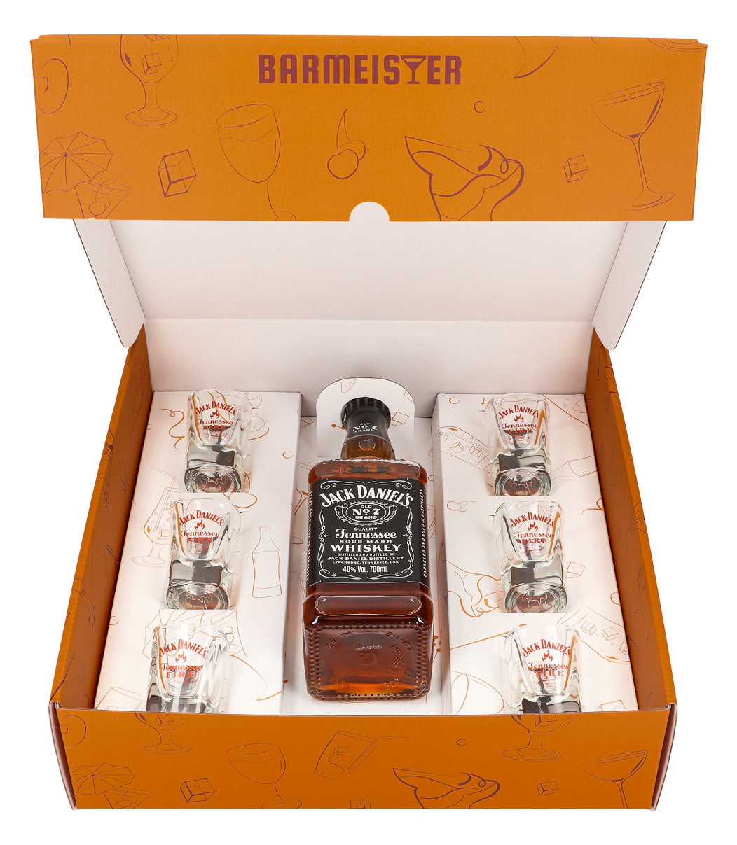 Jack Daniels Geschenkset 0,7l Flasche 40,0 % Vol. + Shotgläser Fire–Orange – Ansicht 2