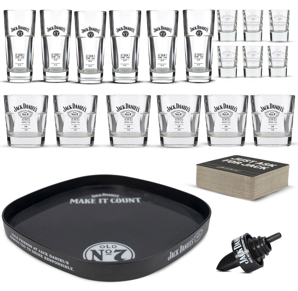Jack Daniels Party Bundle Set composé d'un verre à shot en verre LD, d'un gobelet, d'un plateau et d'un bec verseur