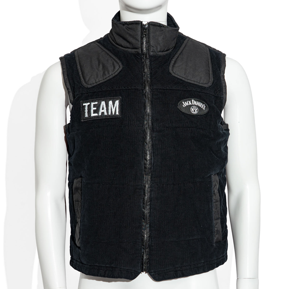 Gilet en tissu mélangé avec logo Jack Daniels en forme de poitrine sur un verre de whisky rond