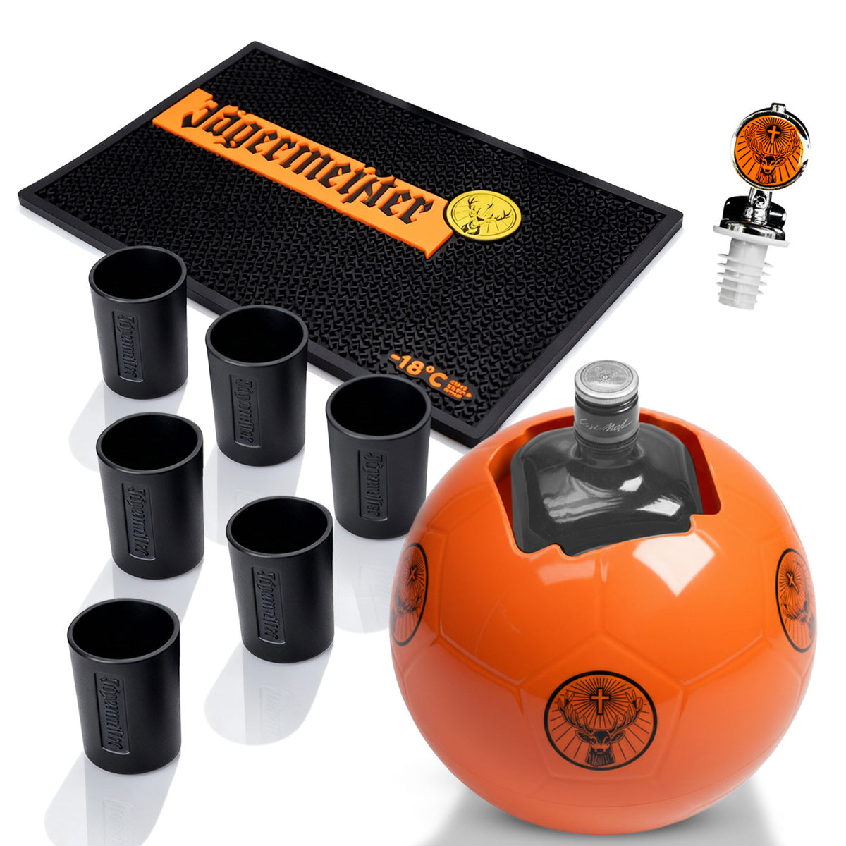 Ensemble Jägermeister Bar Bundle Set II composé de 6 verres à shot 2 cl, bec verseur, refroidisseur et tapis de bar