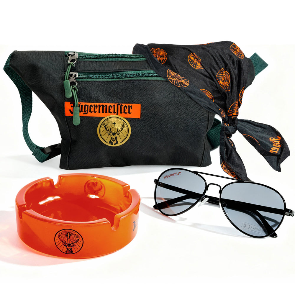 Coffret loisirs Jägermeister II composé d'un cendrier, d'un sac banane, d'un bandeau pour lunettes et d'un bandana