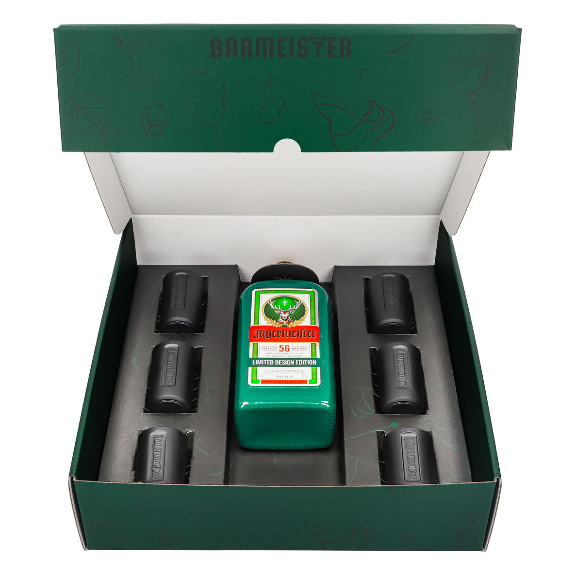 Jägermeister Geschenkset 0,7l Flasche 35,0 % Vol. + Shotgläser Schwarz–Grün – Ansicht 2