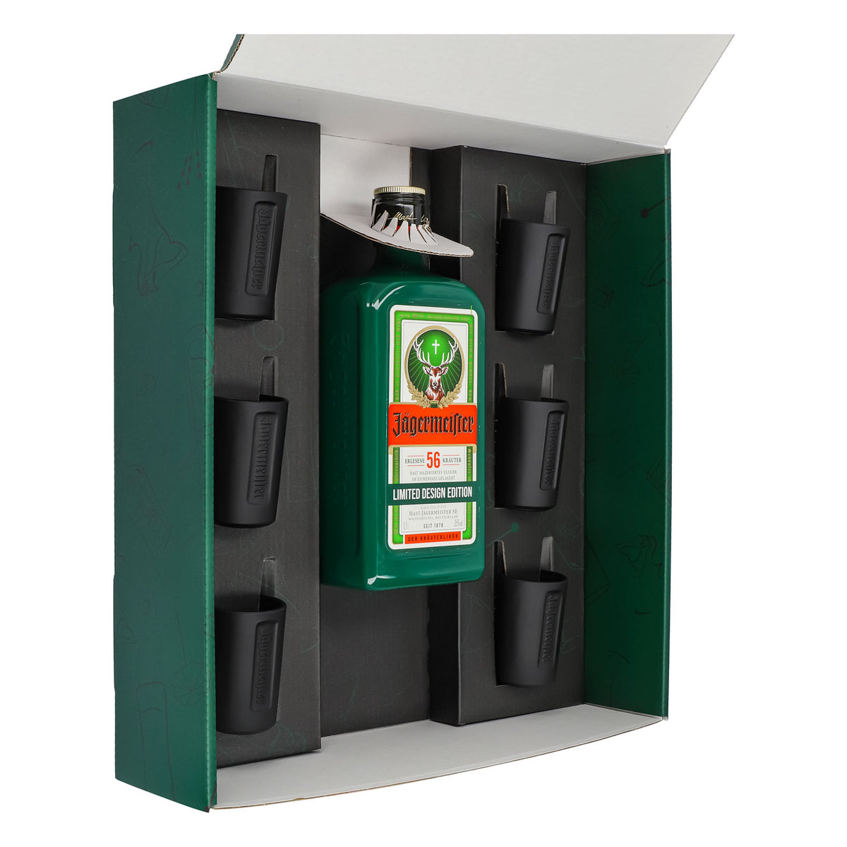 Jägermeister Geschenkset 0,7l Flasche 35,0 % Vol. + Shotgläser Schwarz–Grün – Ansicht 4