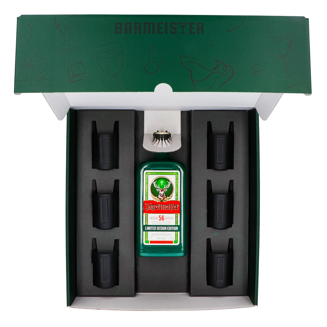 Jägermeister Geschenkset 0,7l Flasche 35,0 % Vol. + Shotgläser Schwarz–Grün – Ansicht 5