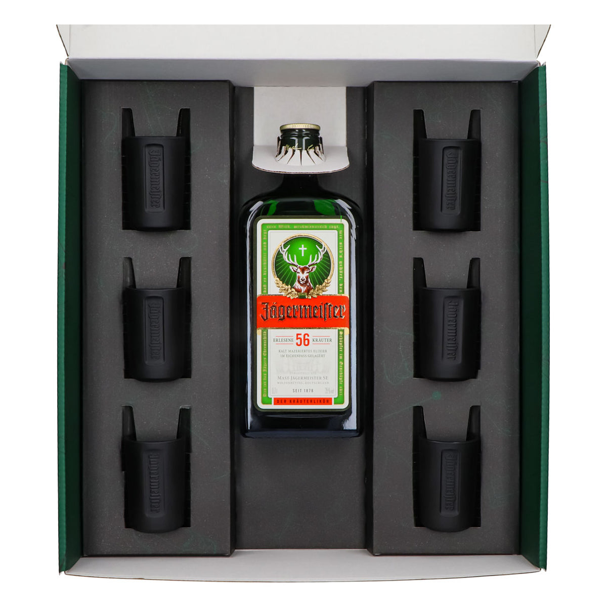 Jägermeister Geschenkset 0,7l Flasche 35,0 % Vol. + Shotgläser Schwarz–Grün – Ansicht 3
