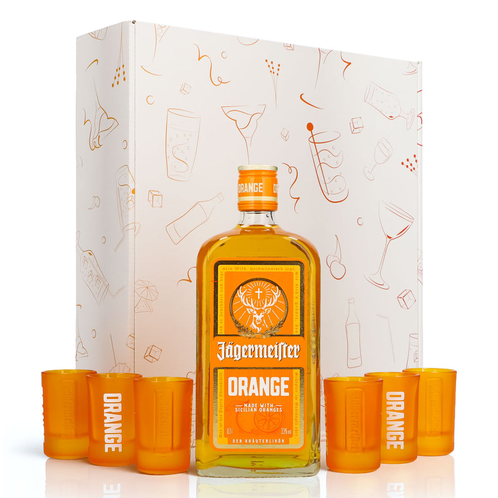 Jägermeister Geschenkset 0,7l Flasche Orange 35,0 % Vol. + Shotgläser Orange–Weiß
