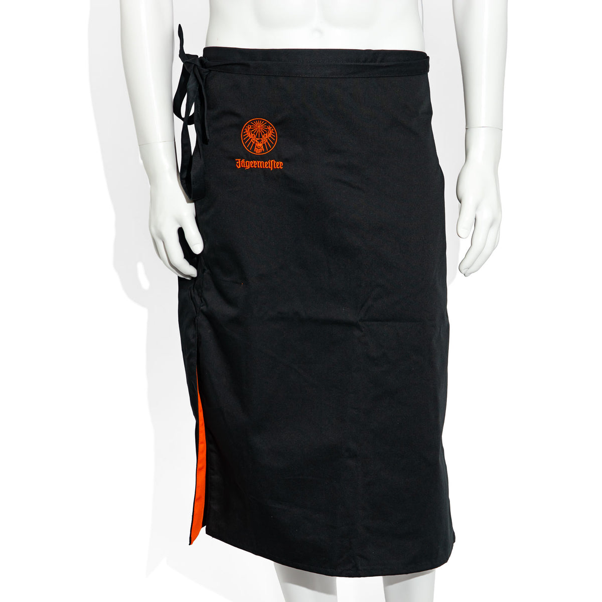 Tablier de bistrot long à rayures orange avec logo « Jägermeister » sur un verre de liqueur