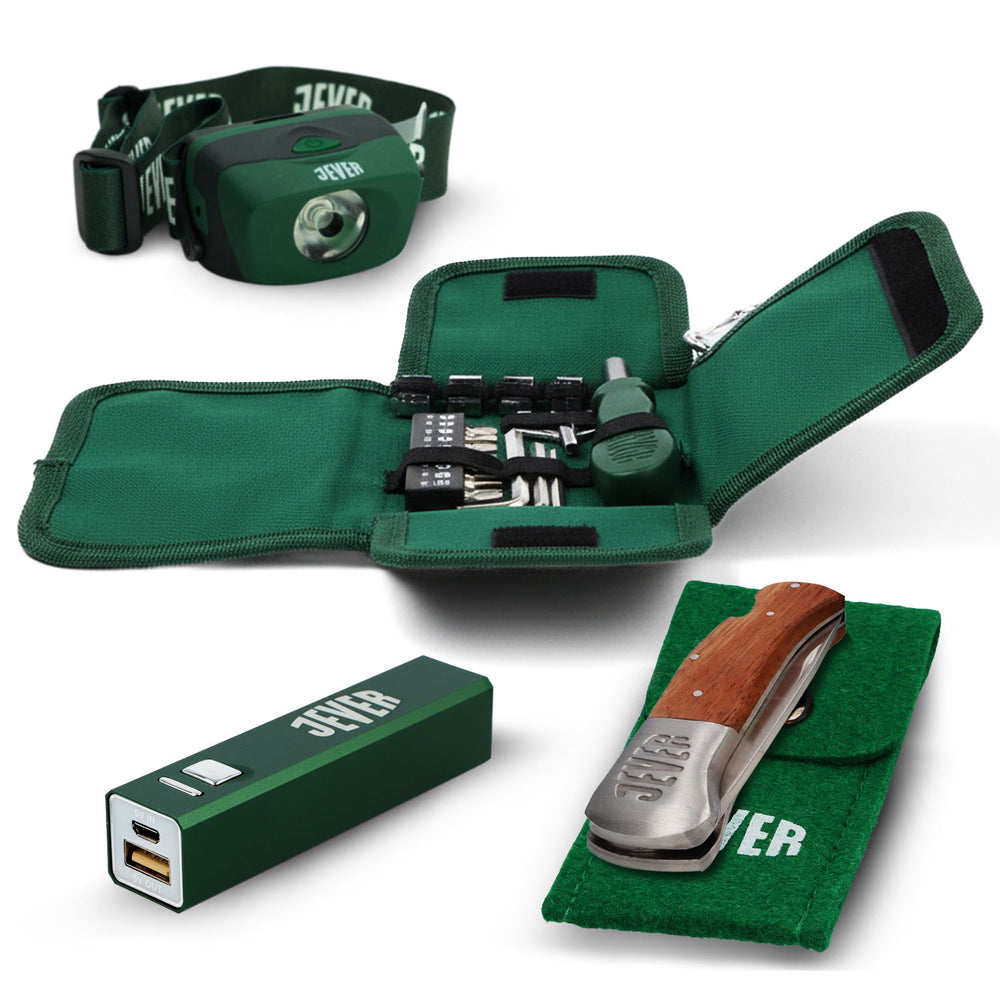 Ensemble outdoor Jever Bier comprenant une lampe frontale, des outils, un couteau de poche, etc.
