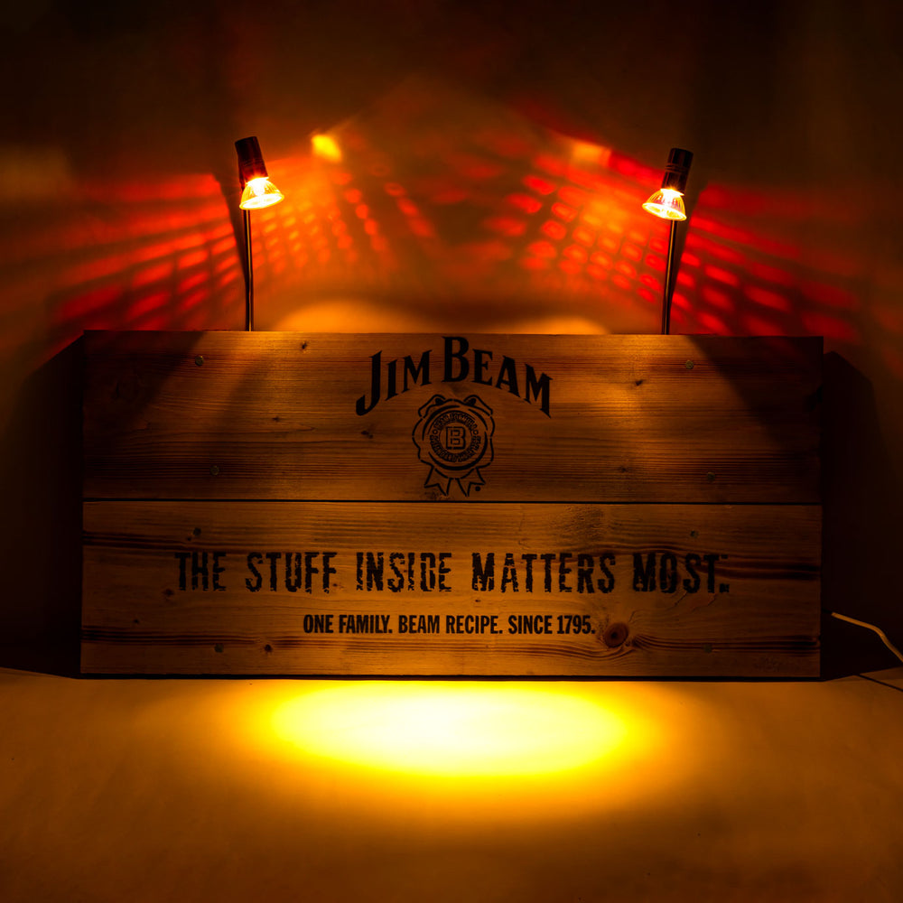 Jim Beam Whisky Enseigne lumineuse au néon Lampe publicitaire Panneau en bois véritable