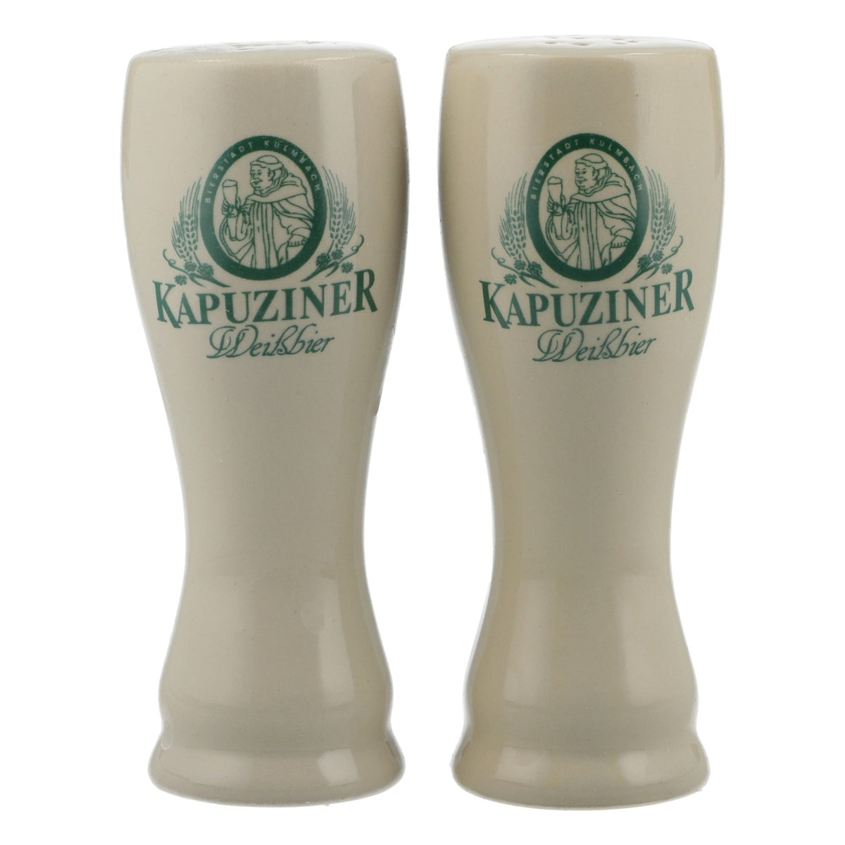 Ensemble de saupière et poivrière « Kapuziner » en céramique, motif verre à bière blanche