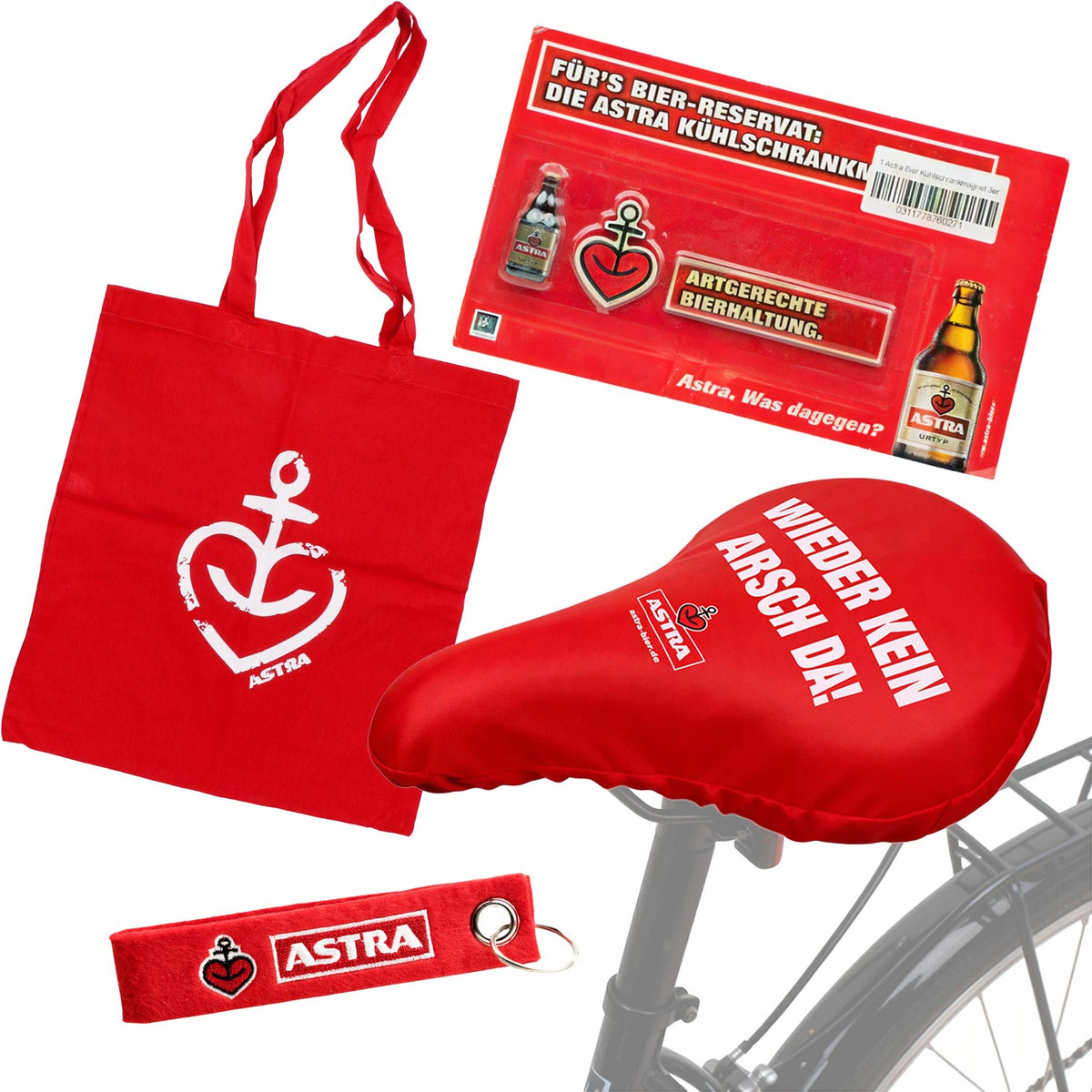 Ensemble Astra Bier Freizeit composé d'une housse de selle, d'aimants, d'un pendentif et d'un sac en jute