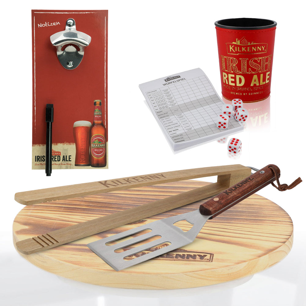 Kit loisirs Kilkenny Beer comprenant un décapsuleur, une planche en bois, un jeu de dés et un barbecue