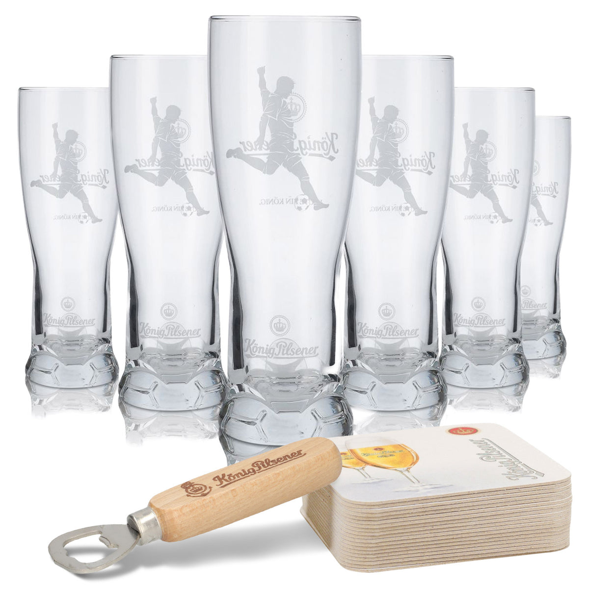 Ensemble König Pilsener Bundle Bar Set II comprenant 6 verres à bière, 120 sous-verres et 1 décapsuleur