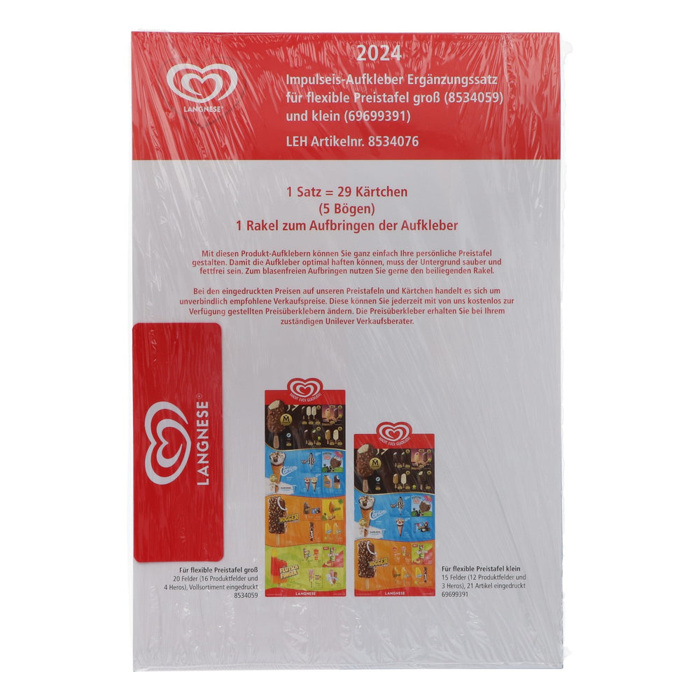 Langnese Carte des glaces Carte flexible des glaces 2024 Panneau publicitaire Tableau des prix