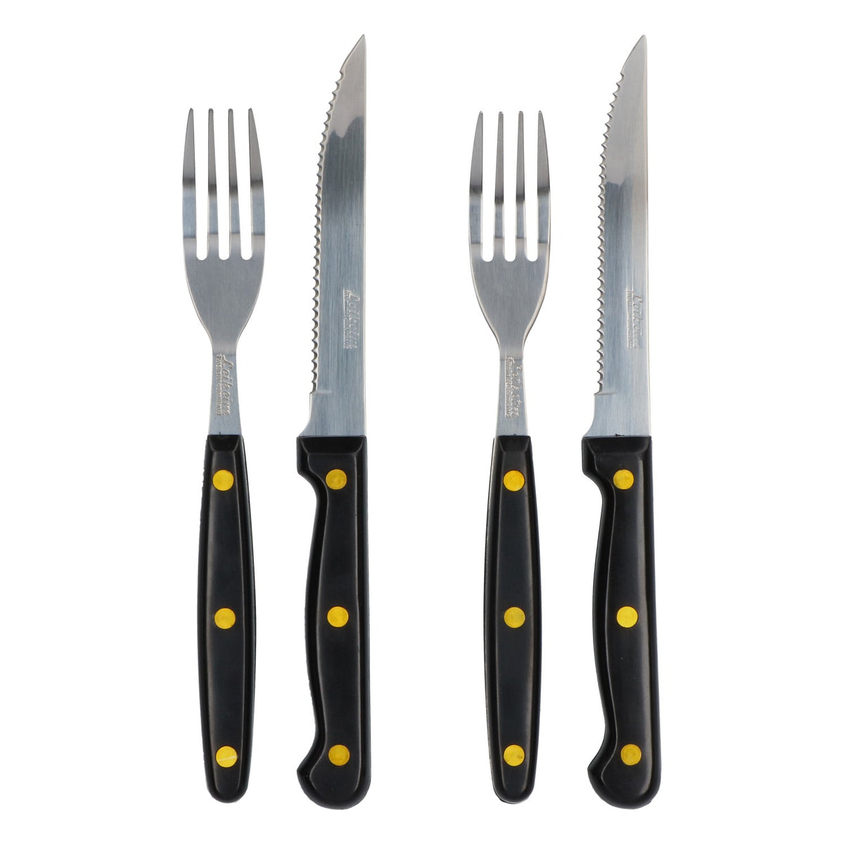 Ensemble d'ustensiles de barbecue Leikeim : 2 couteaux et 2 fourchettes, rivets dorés, acier inoxydable