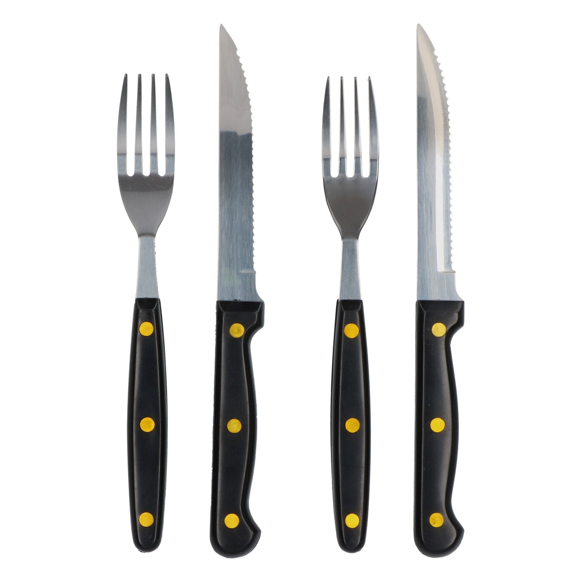 Ensemble d'ustensiles de barbecue Leikeim : 2 couteaux et 2 fourchettes, rivets dorés, acier inoxydable – Vue 2