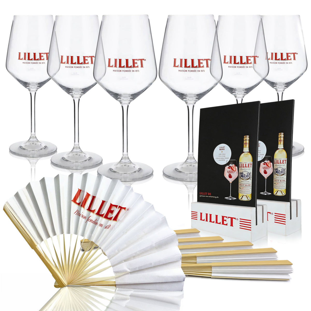 Lillet Bundle Fan II Set composé de 2 présentoirs de table, 6 éventails Lillet et 6 verres Lillet