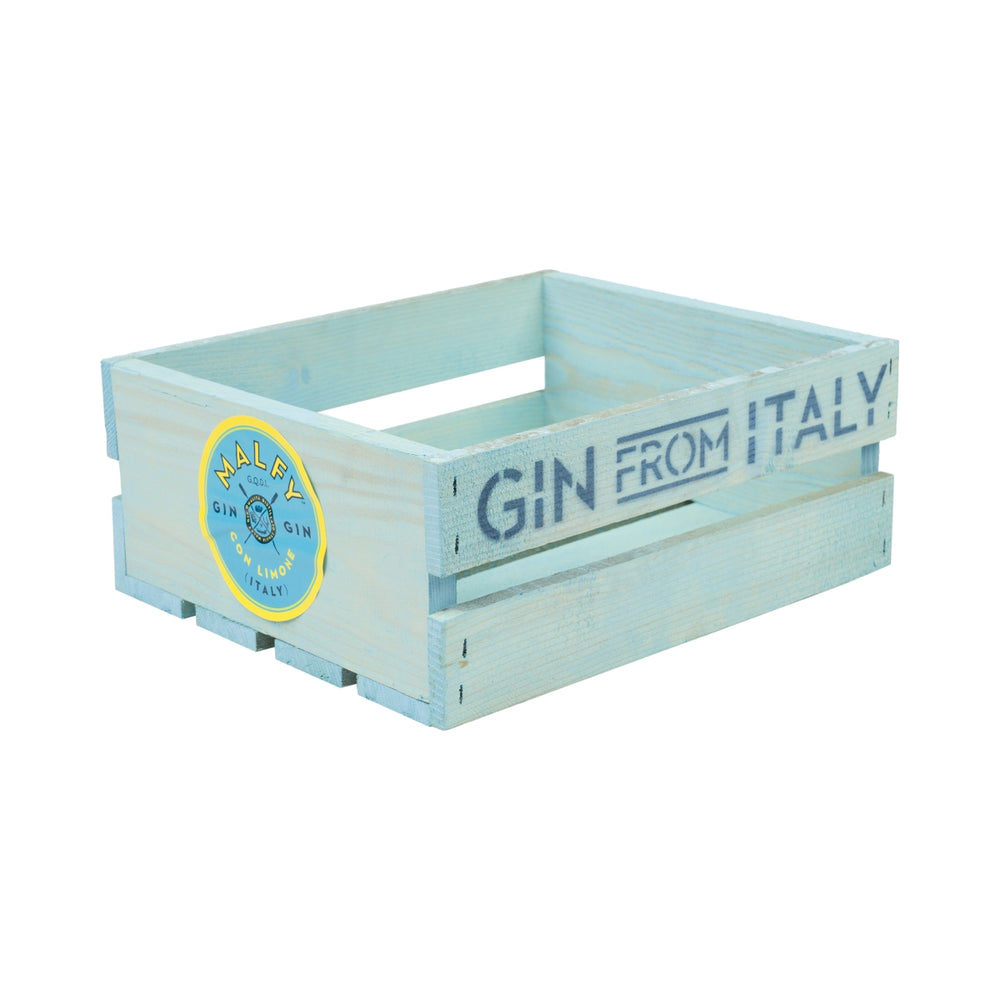 Malfy Gin Caisse en bois 30 x 25 cm Bleu Gin d'Italie Boîte décorative Bouteilles Jardin